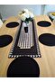 Placemat Set, Black-white Goose Foot Board Pattern Runner, 6 Black Plates - 4