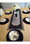 Placemat Set, Black-white Goose Foot Board Pattern Runner, 6 Black Plates - 3