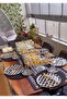 Placemat Set, Black-white Goose Foot Board Pattern Runner, 6 Black Plates - 2