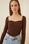 Woman's Brown Heart Collar Ribbed Knit Sweater US00738 - 2