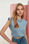 Blue 100% Cotton Padded Crop Crew Neck Knitted T-Shirt TWOSS21TS0379 - 4