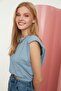 Blue 100% Cotton Padded Crop Crew Neck Knitted T-Shirt TWOSS21TS0379 - 2
