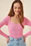Women's Candy Pink Heart Collar Ribbed Knit Sweater US00738