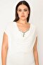 Women's Large Size Bone Stone Detailed Low Collar Blouse 65N37662 - 6