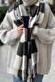 Unisex Stamp Textured Black Plaid Long Scarf with Fringed Ends - 2