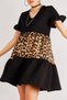 Women's Black Leopard Block Dress with Gathered Skirt and Sleeves