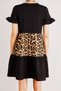 Women's Black Leopard Block Dress with Gathered Skirt and Sleeves - 4