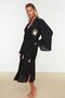 Siyah Dokuma Nakışlı Maxi Plaj Kuşaklı Kimono&Kaftan TBESS22KM0039 - 3