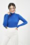 Women's Sax Blue Corded Turtleneck Knitwear - 2
