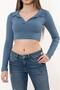 Women's Blue Polo Neck Ribbed Knitted Crop Blouse - 2
