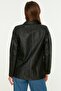 Siyah Suni Deri Oversize Cep Detaylı Dokuma Ceket TWOAW22CE0633 - 5