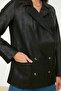 Siyah Suni Deri Oversize Cep Detaylı Dokuma Ceket TWOAW22CE0633 - 4
