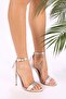Women's Silver Satin Single Strap Heeled Shoes - 6