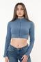 Women's Blue Zippered Turtleneck Knitted Crop Blouse - 2