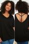 Siyah Oversize Fit Yaka Detaylı Büyük Beden Örme T-Shirt TBBSS22TS0877