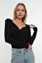 Siyah Vatkalı Drape Detaylı Fitted/Vücuda Oturan Esnek Çıtçıtlı Örme Body TWOAW22BD0156 - 6
