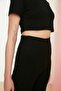 Black Crop Crew Neck Ribbed Stretchy Knitted Blouse and Pants Top and Bottom Set TWOSS21AU0160 - 8