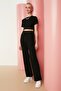 Black Crop Crew Neck Ribbed Stretchy Knitted Blouse and Pants Top and Bottom Set TWOSS21AU0160 - 10