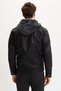 Men's Black Slim Fit Hooded Soft Furry Inside Faux Leather Coat N9693Az20Wn - 5