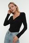 Siyah Vatkalı Drape Detaylı Fitted/Vücuda Oturan Esnek Çıtçıtlı Örme Body TWOAW22BD0156 - 7