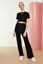Black Crop Crew Neck Ribbed Stretchy Knitted Blouse and Pants Top and Bottom Set TWOSS21AU0160 - 9