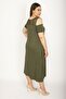 Women's Large Size Khaki Roba Mesh Detailed Viscose Dress 65n24231 - 5