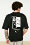 Siyah Oversize/Geniş Kesim Bisiklet Yaka Sırt Baskılı %100 Pamuk Kısa Kollu T-Shirt TMNSS21TS1223