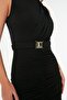 Siyah Fitted/ Vücuda Oturan Kolsuz Drape Detaylı Kemerli Midi Esnek Örme Kalem Elbise TWOSS22EL0756 - 4