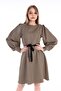 Round Neck Sleeve Pleated Wide Cuff Zippered Patterned Beige Dress - 2