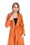 Long Brick-Color Women's Jacket with Epaulettes and Slits on the Sides and Belt - 2