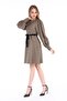 Round Neck Sleeve Pleated Wide Cuff Zippered Patterned Beige Dress - 4