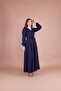 Women's Navy Blue Double Breasted Collar Belted Maxi Length Dress - 6