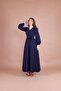 Women's Navy Blue Double Breasted Collar Belted Maxi Length Dress