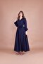 Women's Navy Blue Double Breasted Collar Belted Maxi Length Dress - 7