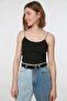 Black Cotton Spaghetti Strap Fitted/Fitted Crop Stretch Knitted Tank Top TWOSS20AL0006 - 3