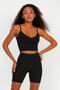 Women's Black Diving Fabric V-Neck Rope Strap Crop Biker Sports Tights Set - 5