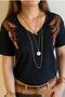 Women's Black V-Neck Sequin Sequin Leaf Embroidery 100% Cotton T-Shirt