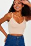 Women's Skin Color Scuba Fabric Front Back V-Neck Rope Strap Crop Top - 3