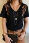 Women's Black V-Neck Sequin Sequin Leaf Embroidery 100% Cotton T-Shirt - 2