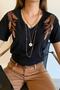 Women's Black V-Neck Sequin Sequin Leaf Embroidery 100% Cotton T-Shirt - 3