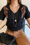 Women's Black V-Neck Sequin Sequin Leaf Embroidery 100% Cotton T-Shirt - 4