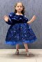 Navy Blue Sequined Single Sleeve Girl's Velvet Evening Dress - 3