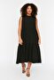 Black Shift/Straight Cut Stand Collar Midi Woven Dress Tbbss22El1593