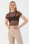 Women's Leopard Patterned Short Sleeve Tulle Transparent Blouse