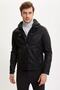 Men's Black Slim Fit Hooded Soft Furry Inside Faux Leather Coat N9693Az20Wn