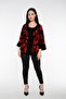 Front- Tie-Detail and buttoned red and black kimono with wide sleeves and large floral print.