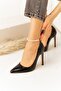 Black Snakeskin Patterned Stiletto Pointed Toe Women's Heeled Shoes - 6