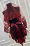 Burgundy Flower Pattern Sparkling Guipure Bridal Veil Set - 5