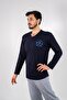 Navy Blue Long Sleeve 100% Cotton Large Size Pajama Set with Streamer Printed V-Neck - 3