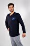 Navy Blue Long Sleeve 100% Cotton Large Size Pajama Set with Streamer Printed V-Neck - 7